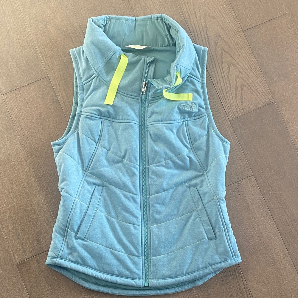 The North Face Teal Quilted Vest with Yellow Accents